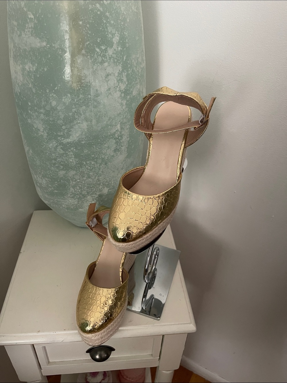 Gold Metallic Ankle-Strap Espadrille Wedge Heels